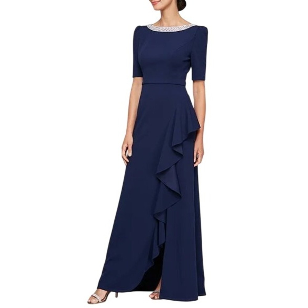 Alex Evenings 22W Crepe Embellished Boat Neck Ruffle Cascade A-Line Long Gown